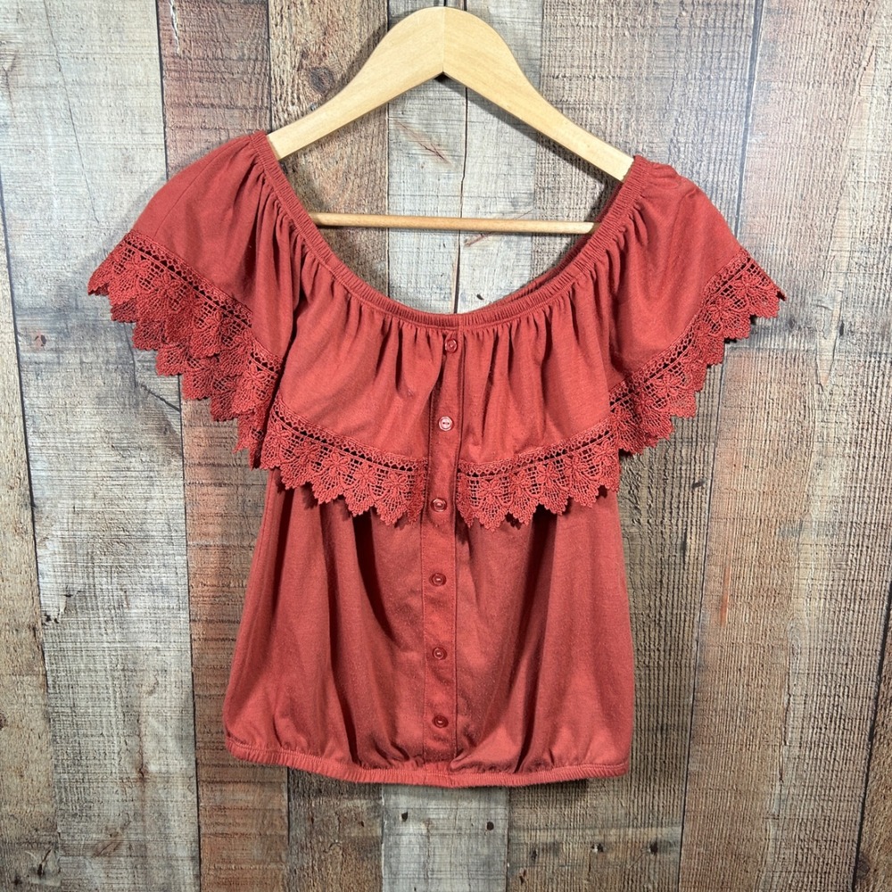 No Boundaries Womens Rust Terracotta Boho Crochet Lace Off Shoulder Top Medium
